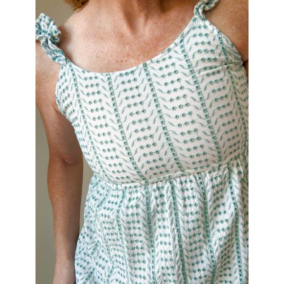 Women's Boho Eyelet Maxi Dress White/Green Ruffle bottom Sundress Bohemian Sz Sm - Picture 7 of 11